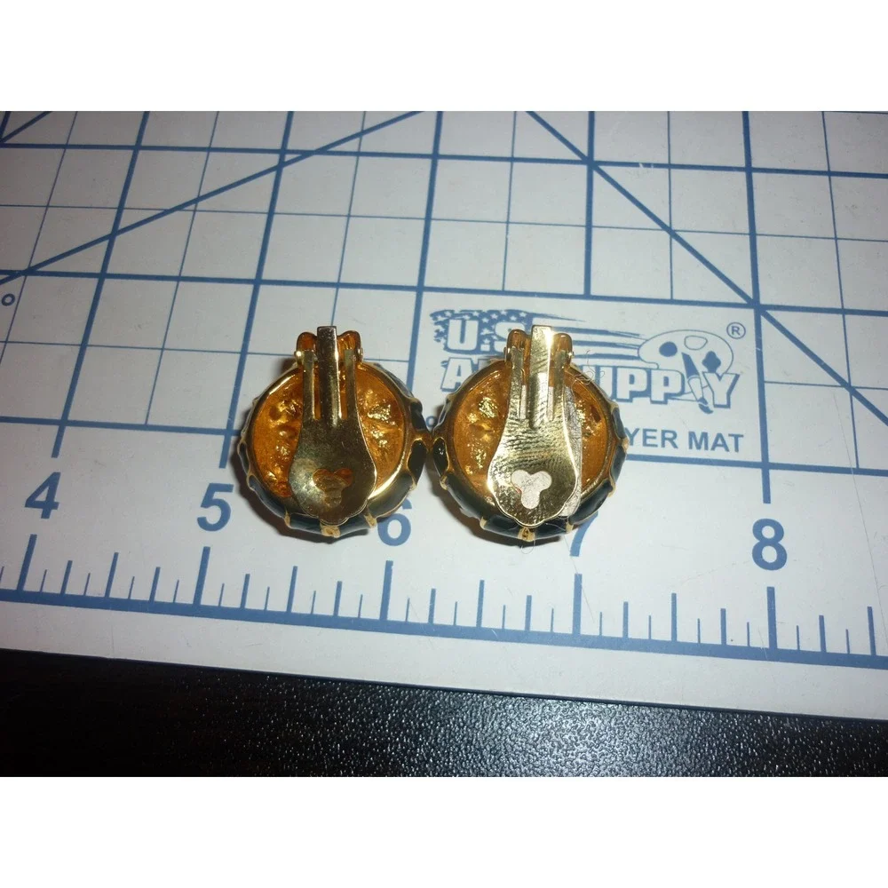 Vintage NOS Sue Ellen England Black Enamel Gold Tone Crystal Clip On Earrings